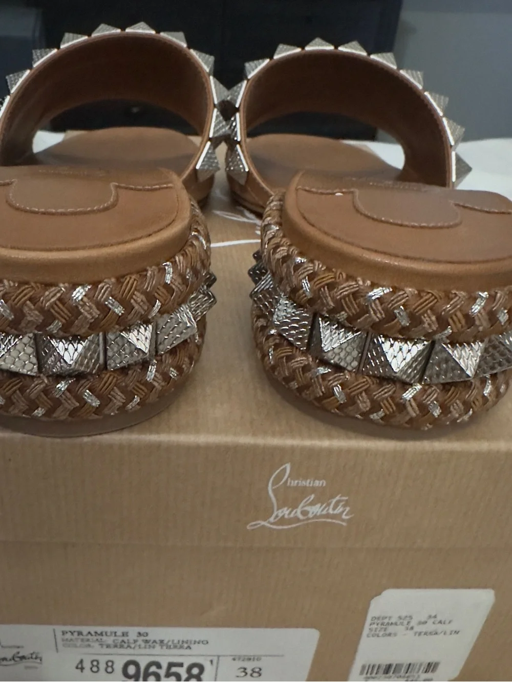 Christian Louboutin Tan Studded Slide Sandals with Signature Red Sole- size 38 - Picture 4 of 7